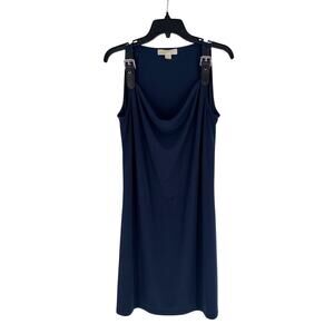 MICHAEL Michael Kors Tank Dress Buckle Accent Navy Large Sleeveless Draped Neck